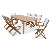 sweeek salon de jardin en bois almeria, grande table 180-240cm rectangulaire, 2 fauteuils, 6 chaises eucalyptus  et textilène blanc | sweeek  blanc, bois