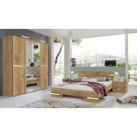 pegane chambre à coucher complète adulte (lit 140x190cm + 2 chevets + armoire) coloris imitation chêne poutre/chrome brillant