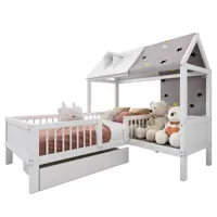 komhtom lit simple pour enfants en forme de maison en bois blanc 90 * 200, multifonctionnel, avec toile de tente, tiroir inférieur, sans matelas