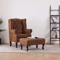 maison chic fauteuil relax,chaise pour salon chesterfield et repose-pieds marron similicuir daim -mn42445  marron
