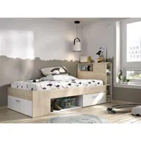vente-unique lit avec tête de lit rangements et tiroir - 90 x 190 cm - blanc et naturel + matelas + sommier - leandre