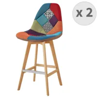 moloo owen - chaise de bar scandinave tissu patchwork rouge pieds hêtre (x2)