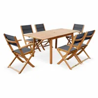 sweeek salon de jardin en bois almeria, table 120-180cm rectangulaire, 2 fauteuils et 4 chaises eucalyptus  et textilène noir | sweeek  bois