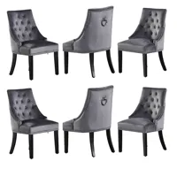 home design international lot de 6 chaises capitonnées en velours gris foncé  - style classique & design - pieds en bois - salle à manger, salon ou coiffeuse - windsor  gris