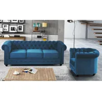 vente-unique canapé 3 places et fauteuil chesterfield - velours bleu canard  bleu canard