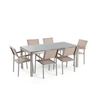 beliani table de jardin plateau granit gris poli 180 cm 6 chaises textile beige grosseto  gris