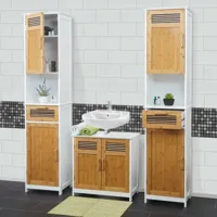 mendler meubles de salle de bain hwc-a85, 2x armoire haute, meuble sous évier, bambou, blanc  marron