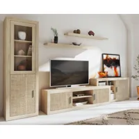 pegane ensemble de salon, meuble tv + set de 2 étagères  + meuble bas + vitrine coloris chêne cambrian/effet textile
