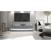 mpc meuble tv avec socle, 1 compartiment ouvert et 3 tiroirs, blanc haute brillance/gris haute brillance, éclairage led inclus (178 x variable x 39 cm)