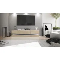 mpc meuble tv avec socle, 1 compartiment ouvert et 3 tiroirs, blanc haute brillance/chêne brut (178 x variable x 39 cm)