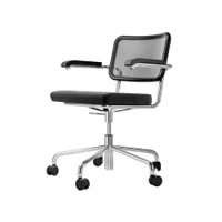 fauteuil de bureau - s 64 atelier spvndr noir/ step 60999 tube d'acier chromé, hêtre teinté, cannage synthétique, assise tissu gabriel step