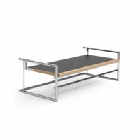 table basse - menton structure tube d'acier chromé, plateau linoleum, bords hêtre l 126cm x p 56cm x h 32-65cm gris et noir