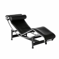 fauteuil - chaise longue lc4 matelas et appuie-tête en cuir, structure acier chromé, base acier laqué noir noir l 160cm x p 56cm x h 69cm