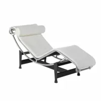 fauteuil - chaise longue lc4 blanc matelas et appuie-tête en cuir, structure acier chromé, base acier laqué noir l 160cm x p 56cm x h 69cm