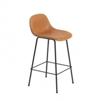 tabouret haut - fiber bar stool avec dossier pieds acier h65 siège cuir cognac coque fibres de bois et plastique, revêtement cuir, piètement acier fin