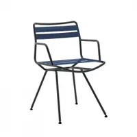chaise - dan avec accoudoirs bleu rubans élastiques en fil de polyester, acier verni noir mat l 52,5 x p 59,5 x h 82,5 cm, assise h 45 cm